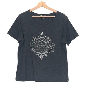 Christine Alexander Gray Short-Sleeve Top Intricate Rhinestone Studded Large